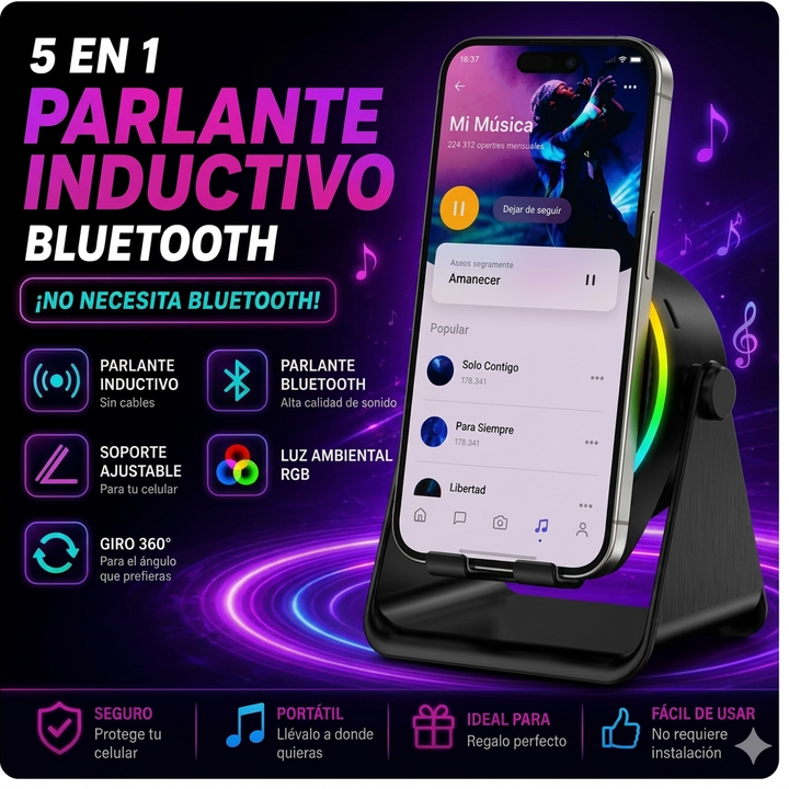 Smart Parlante 5 en 1 Pro - Con Carga Inductiva y Soporte Giratorio 360°